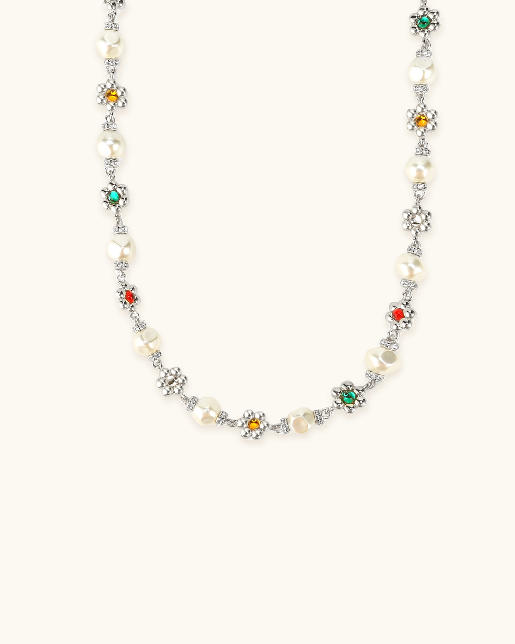 Floral Faceted Pearl Necklace In Silver