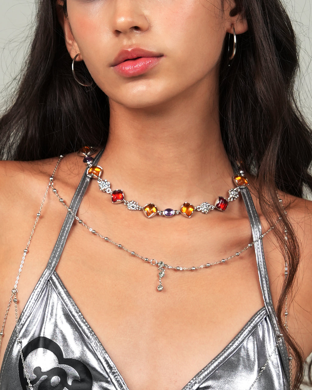 Multicolored Sugar Loaf Cut Necklace In Silver